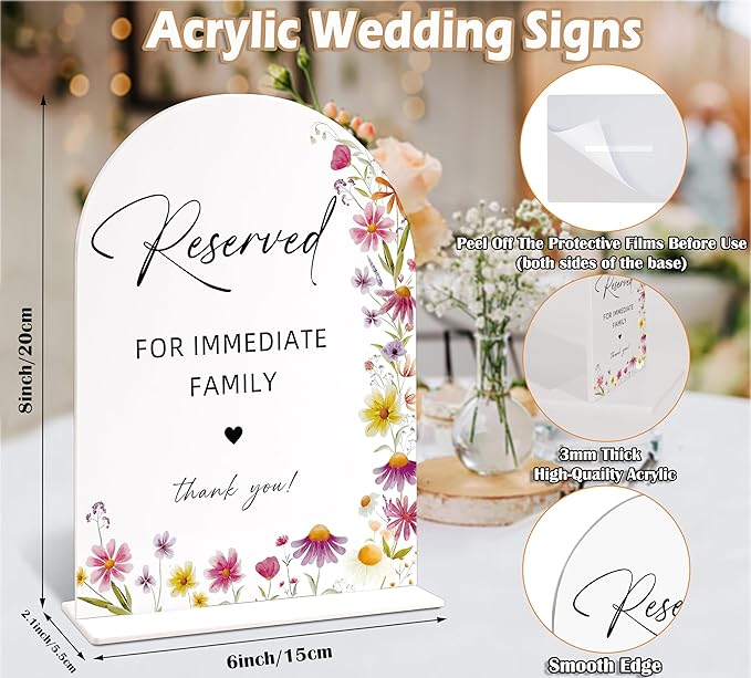 Reserved for Family Sign for Wedding Table Decor, Wild Flower Arch Acrylic Wedding Signs for Reception, Love Is In Bloom Bridal Shower Floral Engagement Party Decorations, 6x8 Inch