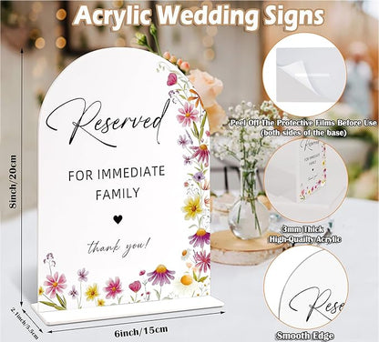 Reserved for Family Sign for Wedding Table Decor, Wild Flower Arch Acrylic Wedding Signs for Reception, Love Is In Bloom Bridal Shower Floral Engagement Party Decorations, 6x8 Inch