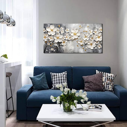Flower Pictures Wall Art for Bedroom Women - White Canvas Wall Art for Living Room - Girls Room Decor Ready to Hang Size 20" x 40"