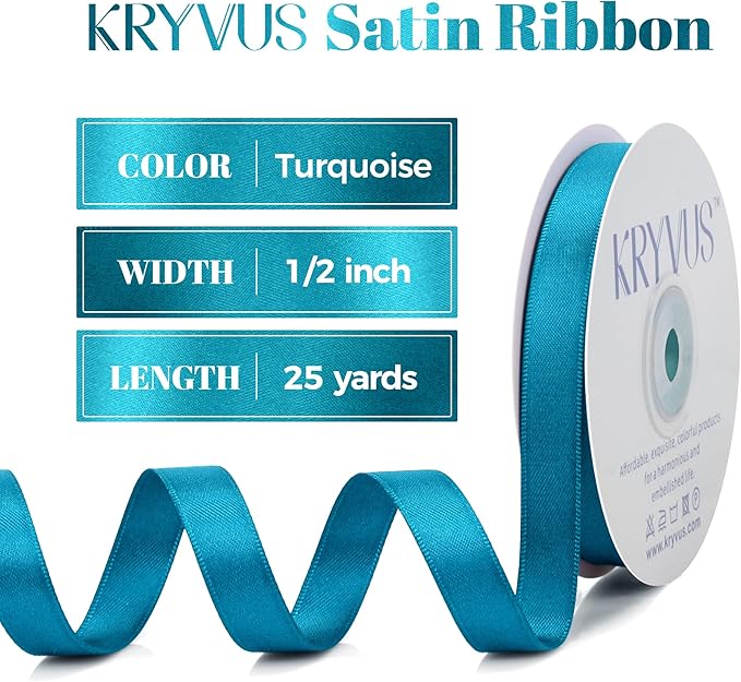 Turquoise Blue Satin Ribbon, Double Faced 1/2 Inch X 25 Yards Turquoise Ribbon, Premium Satin Ribbon for Gift Wrapping, Crafts, Hair Bow Making, Sewing, Flower Bouquet, Wedding Party Decor