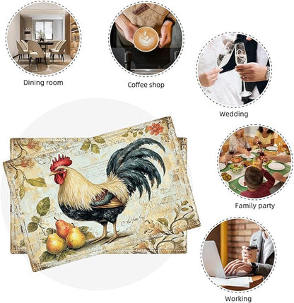 Farmhouse Rooster Placemats Set of 6, Rustic Chicken Place Mats, Pear Dining Table Mats, Washable Placemats for Kitchen Dining Room Home Decor 18L'' × 12W''
