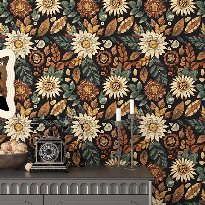 Boho Wallpaper Peel and Stick,Vintage Black Brown/Green Floral Contact Paper 17.5" x 118", Retro Flower Botanical Wall Paper Self Adhesive Removable Waterproof for Walls Shelves Cabinet Table Decor