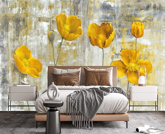 Yellow Oil Painting Flowers Wall Mural Wallpaper for Bedroom 137" x 100"