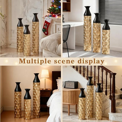 Floor Oversized Gold Metal Decorative Vase with 3D Triangle Pattern Set of 3 Large Vases for Home Living Room 33.5 ", 29.5 ", 25.2" High (Black+Gold)