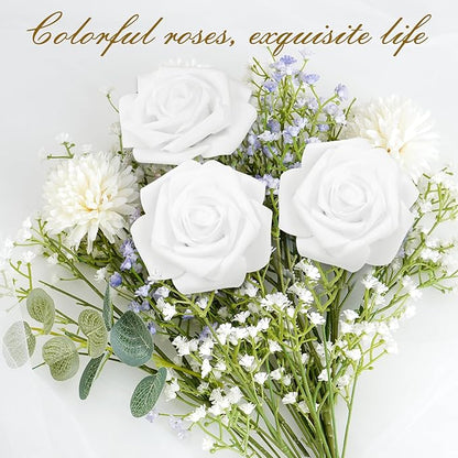 BLEUM CADE 16Pcs Artificial Flowers Fake Roses with Stems, White Boxed Foam Roses for DIY Bouquets Centerpieces Wedding Party Arrangement Bridal Shower Decor