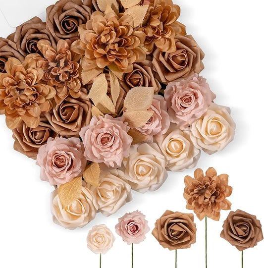 TINGE TIME Artificial Flowers Combo Set, Gradient Color Flower Leaf with Stems for DIY Wedding Bouquets Centerpieces Baby Shower Party Home Decorations(Dark Milk Tea)
