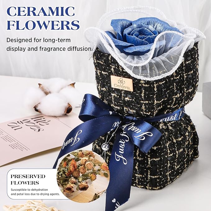 Ceramic Preserved Rose Bouquet, Blue Eternal Flower Handmade Ceramic Craft Art with Fragrance Expansion Function, Birthday/Anniversary/Valentine's Day Luxury Gift Box for Women, Mom, Wife,Her