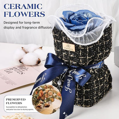 Ceramic Preserved Rose Bouquet, Blue Eternal Flower Handmade Ceramic Craft Art with Fragrance Expansion Function, Birthday/Anniversary/Valentine's Day Luxury Gift Box for Women, Mom, Wife,Her