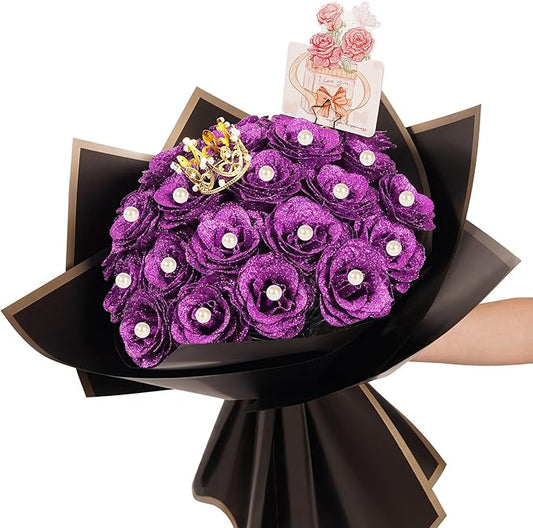 DIY Glitter Roses Bouquet, Valentine's Day Everlasting Shiny Artificial Bouquet, Purple Faux Flowers with Stem Pearl Crown for Graduation Gifts Wedding Anniversary Engagement Day Birthday,25 Pcs