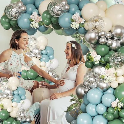 Retro Bean Green Balloon Arch Kit, 145Pcs Dusty Blue White Pastel Beige Sliver Confetti Balloons for Baby Bridal Shower Wedding Engagement Birthday Party Decorations