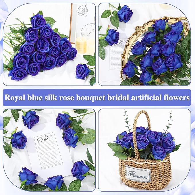 80 Pcs Roses Artificial Flowers,Silk Royal Blue Rose Artificial Flowers,Fake Blue Roses Petals Long Stem Roses for Wedding Bouquet Home Party Decor