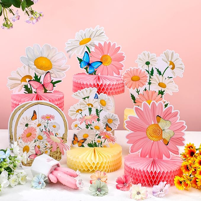Hotop 9 Pcs Daisy Flower Birthday Party Decorations Pink Wildflower Butterfly Honeycomb 3D Centerpieces for Floral Table Toppers Boho Groovy Party Decorations Girl Baby Shower