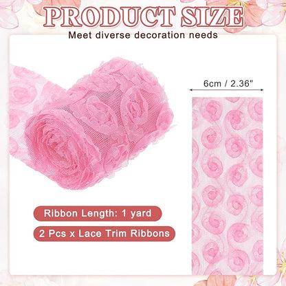 uxcell 2PCS Lace Trim Ribbon, 2.36 inch - 1 Yard 3D Rose Floral Embroidery Ribbons Edge Trimming for Sewing, Wedding Dress, DIY Crafts, Decoration Accessories, Dark Pink