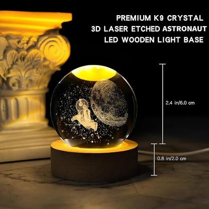 Astronaut Crystal Ball with LED Light Base, 60mm Glass Sphere Decorative Balls, Universe Space Galaxy Lamp Gifts