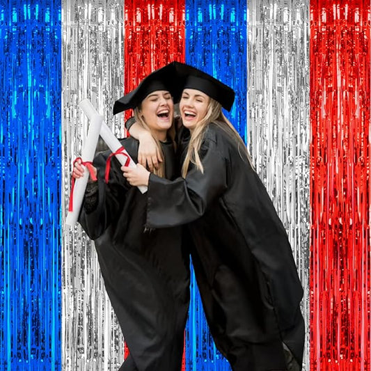 2 Pack 3.2 x 8.2 ft Red White and Blue Foil Fringe Backdrop Curtain, Streamer Backdrop Tinsel Curtains Photo Booth Props for Graduation Birthday Memo