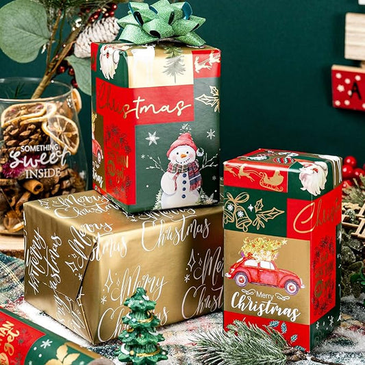 MAYPLUSS Christmas Wrapping Paper - 17 Inch X 33 Feet - Santa Claus Reversible Merry Christmas Gift Wrapping Paper, Metallic Foil Thick Gift Wrap Paper for Holiday Party New Year Kids