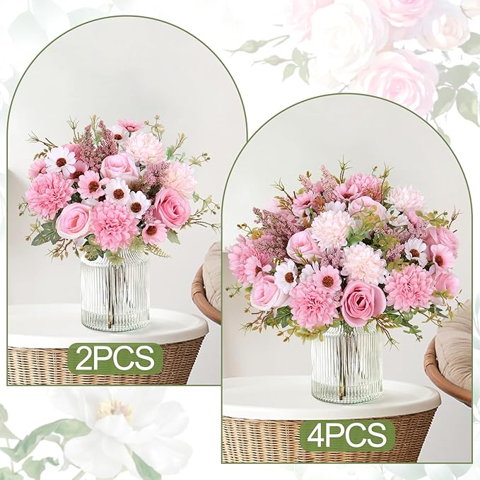 Dremisland Artificial Flowers Like Real Artificial Bouquet 4 Packs Silk Artificial Roses Bouquet with Daisy Chrysanthemum Pink Flowers for Centerpiece Table Wedding Party Home Decor