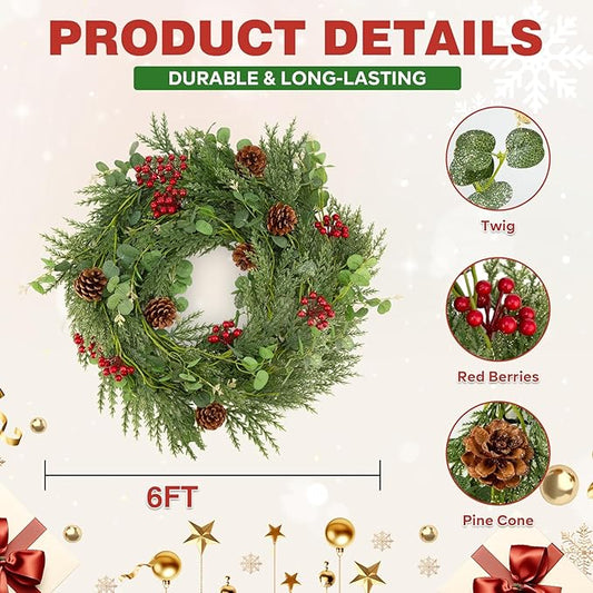 2PCS 6FT Christmas Decorations Cedar Garland, Realistic Soft Pine Wreath, Artificial Green Faux Cedar Pine Garland for Fireplace Mantle Indoor Outdoor Holiday Party Home Decor(2,6FT)