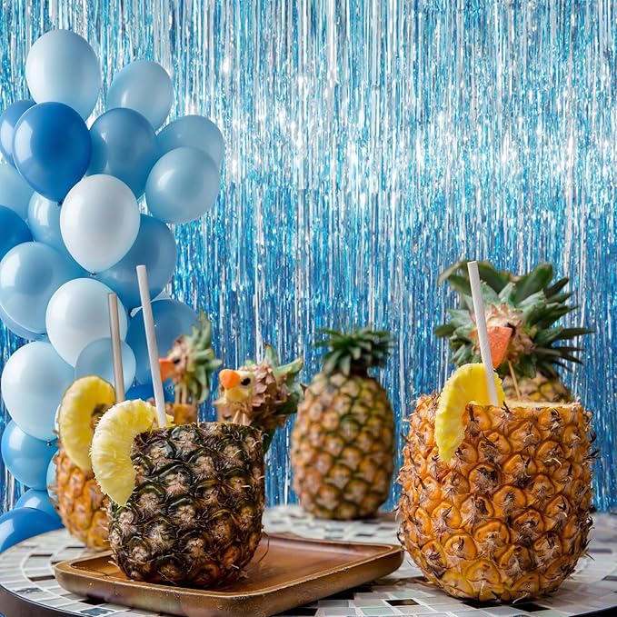 GOER 3.2 ft x 8.2 ft Metallic Tinsel Foil Fringe Curtains Party Photo Backdrop Party Streamers for Birthday,Graduation,New Year Eve Decorations Wedding Decor (4 Packs,Blue)
