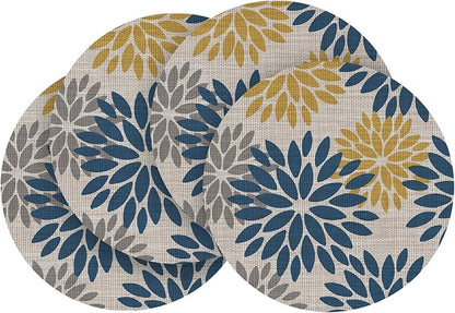 Artoid Mode Navy Yellow Dahlia Plastic Round Placemats Set of 4, 14 Inch Seasonal Wipeable Woven Vinyl Table Mats for Farmhouse Party Kitchen Dining Decor