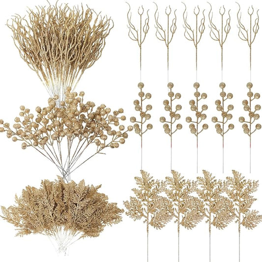 75 Pcs Christmas Glitter Branches 3 Styles Artificial Christmas Picks Berries Stems Pine Needles Floral Twig Spray for Xmas Tree Ornaments DIY Wreath Garland(Light Gold)