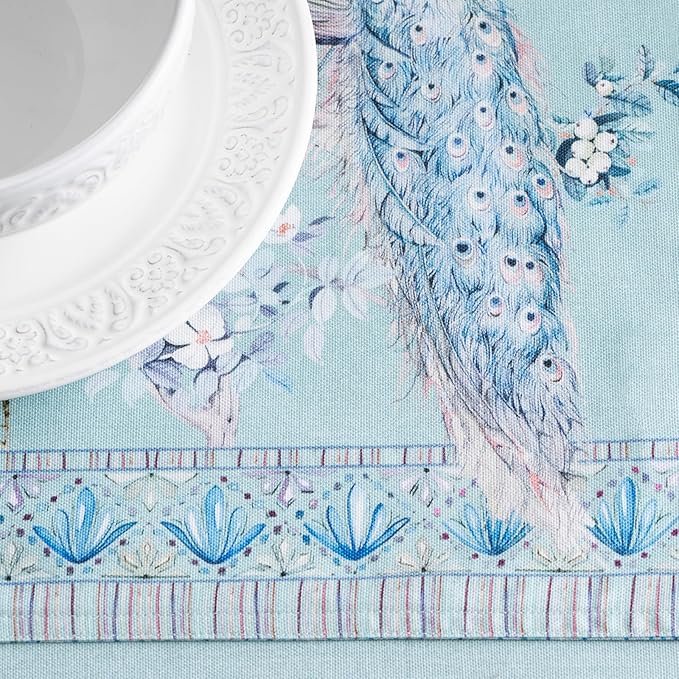 Maison d' Hermine Placemat 100% Combed Cotton Premium Set of 4 Decorative Washable Place Mats Table Cloth Placemat, Dining & Camping - Peacock Utopia - Pastel Turquoise(13"x19")