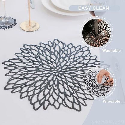 Snowkingdom Pack of 12 Black Placemats Washable Pressed Vinyl Laser Cut Dining Table Mats Round Floral Charger Decoration for Christmas Halloween Thanksgiving Wedding
