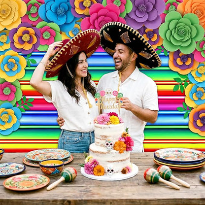 Frienda 36 Pcs DIY Paper Flower Decor Set with 83x59 Inch Custom Background Cloth and Rope, Artificial 3D Flower Wall Decor for Wall Bulletin Board Wedding Halloween Mexican Festive Party (Stripe)