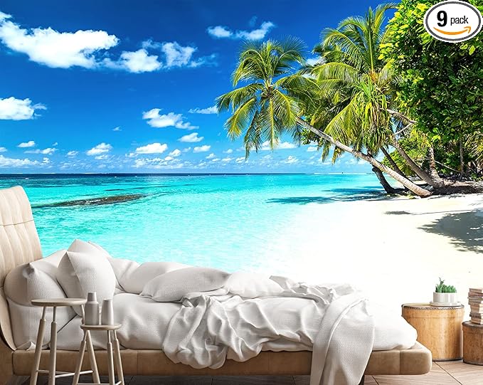 Palm Tree Wall Mural Tropic Paradise Beach Seascape Murals Wallpaper for Walls Bedroom Living Room Bedroom TV Background Kids Room Decoration（Not Peel and Stick）