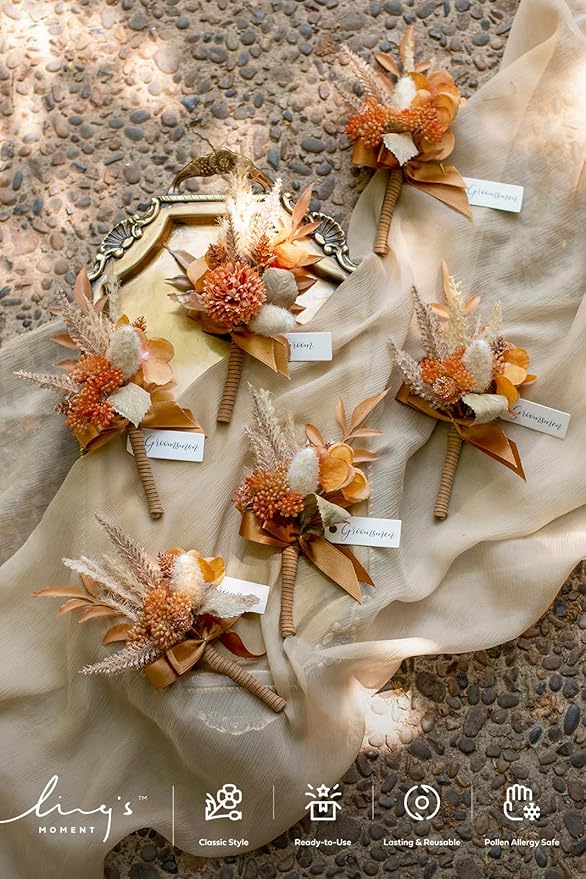 Ling's moment Boutonniere for Men, 6pcs Groom Groomsmen Boutonniere, Artificial Flowers for Wedding Decor/Prom/Homecoming, etc.Rust Boho Terracotta