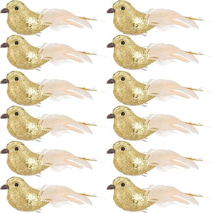Cosweet 12 Pcs Gold Cardinal Artificial Birds with Clip - Cardinal Bird Christmas Ornament with Feather Wreath Flower Arrangement Supplies for Xmas Tree Party Decor DIY Craft Gifts