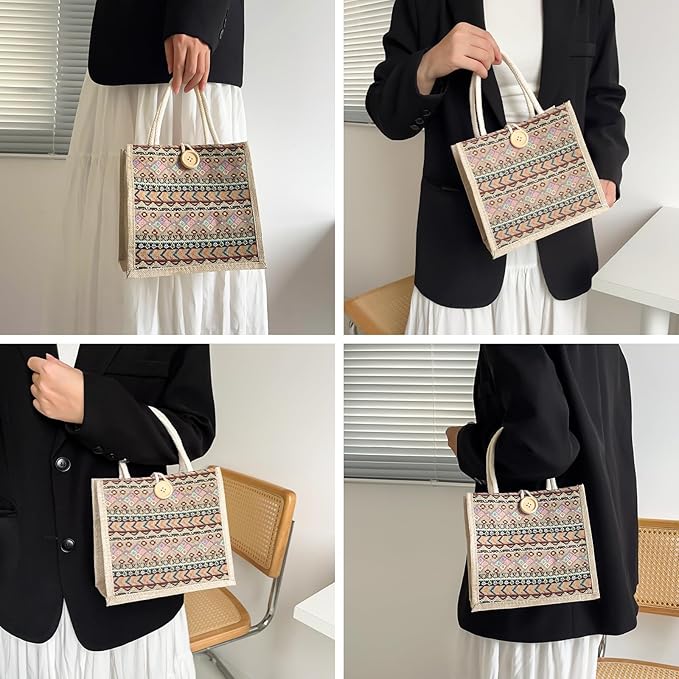 Women Tote Bag,2Pcs Jute Casual Tote's Handbag Embroidered Personalized Bento Bag,Reusable Grocery Bags Shopping Bags