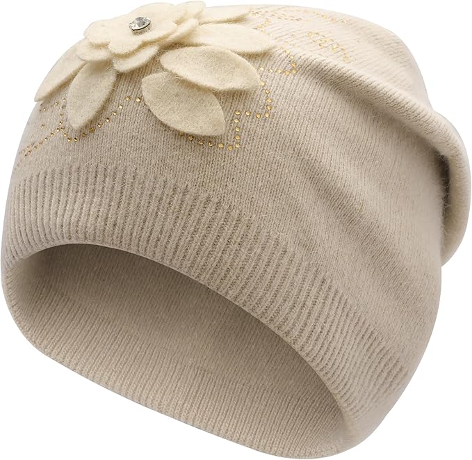 ZLYC Women Floral Slouchy Beanie Hat Double Layer Winter Knit Skull Cap