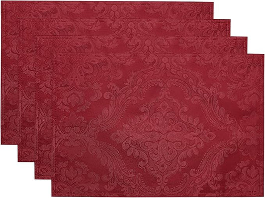 Elrene Home Fashions Caiden Elegance Damask Waterproof, Stain & Wrinkle Resistant Fabric Placemats (Set of 4), 13" x 19", Red