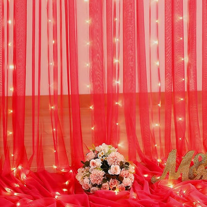 10ft x 8ft Red Tulle Photo Backdrop Curtain with Lights String for Christmas Party Red Sheer Curtain Backdrop Drapes for Birthday Party Wedding Holiday Photo Booth Background Home Room Decorations