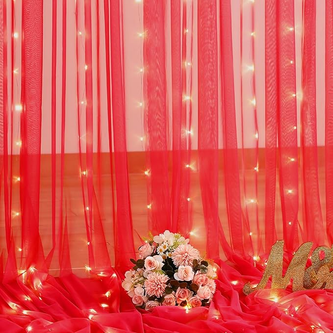 10ft x 10ft Red Tulle Photo Backdrop Curtain with Lights String for Christmas Party Red Sheer Curtain Backdrop Drapes for Birthday Party Wedding Holiday Photo Booth Background Home Room Decorations