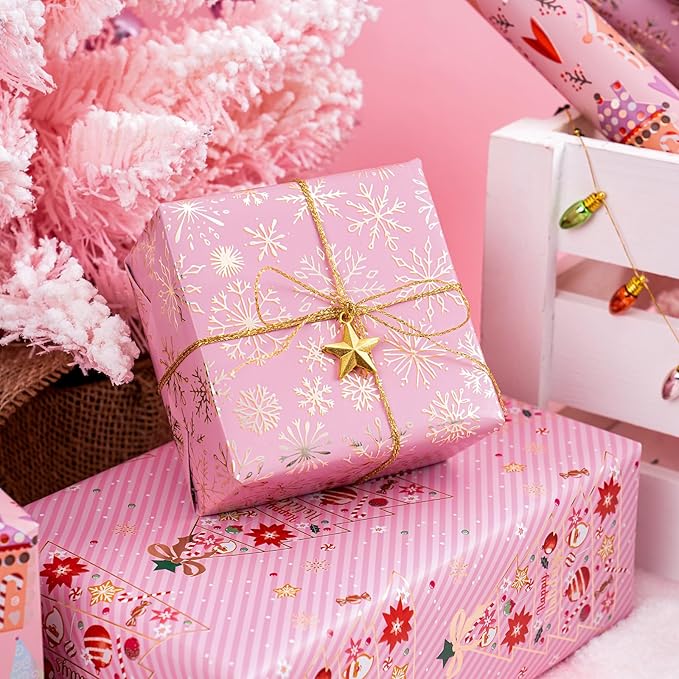 WRAPAHOLIC Christmas Wrapping Paper Roll - Mini Roll - 3 Rolls - 17 Inch X 120 Inch Per Roll - Pink Christmas tree, House, Snowflake Holiday Collection