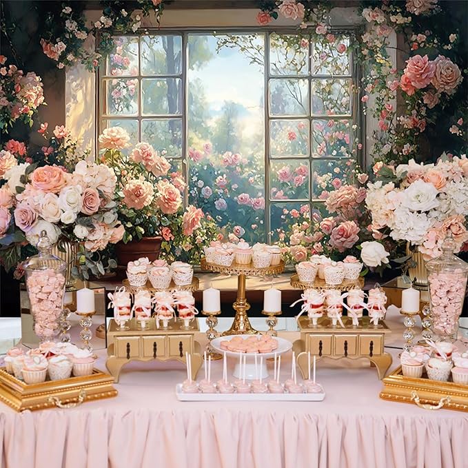 Baocicco 12x8ft Window Floral Backdrop Photography Flowers Wedding Bridal Shower Photography Background Retro Oil Painting Flower Banner for Girls Women Birthday Newborn Party Decorations Props