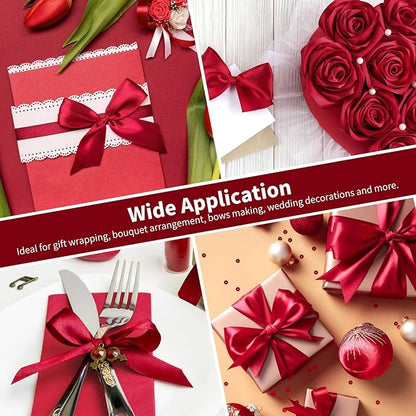 1-1/2 Inch Wide Wine Red Satin Ribbon, 50 Yards Solid Polyester Fabric Ribbon for Roses Making, Gift Wrapping, Christmas, Wedding Decorations, Crafts, Bows