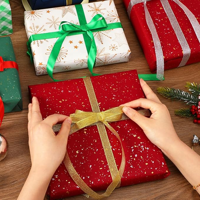 DECYOOL 4 Rolls 100 Yards Christmas Satin Ribbons 15mm Wide Holiday Craft Ribbons for Gift Wrapping and Xmas Decoration, Gold & Silver