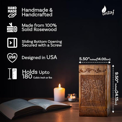 INTAJ Wooden Tree of Life Cremation Urns for Human Ashes – Memorial Urn Box and Casket for Adult Male, Female, Child, or Pets (Cat/Dog) – Burial Funeral Urn Holds Up to 180 Cubic Inches of Ashes