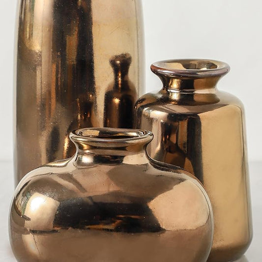 Ceramic Vase Set of 3,Brown Modern Farmhouse Pottery Vases, Neutral Rustic Vases for Pampas Grass, Dried & Fresh Flowers - Ideal for Bedroom, Living Room, Bookshelf, Mantel, Centerpiece Table Decor