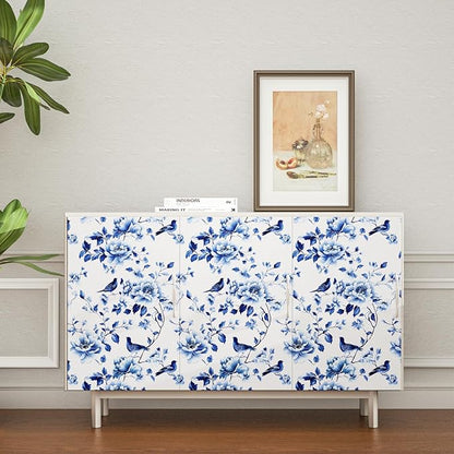 Blue Bird Wallpaper Peel and Stick, Vintage Floral Contact Paper 17.5in x32.8ft Modern Wall Mural Boho Wall Paper Self Adhesive Removable Waterproof for Bathroom Bedroom Cabinet Drawer Kitchen Decor