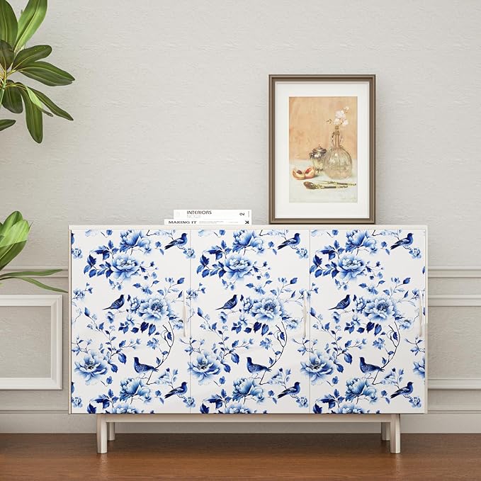 Blue Floral Wallpaper Peel and Stick Vintage Bird Leaf Contact Paper Self Adhesive Removable Modern Wall Mural Boho Wall Paper for Room Walls Cabinet Kitchen Decor 17.5in x9.8ft