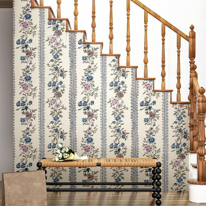 Vintage Floral Wallpaper Peel and Stick Boho Wallpapers 17.5in x32.8ft Blue/Beige Floral Wall Mural Vinyl Removable Self Adhesive Nursery Modern Wallpaper for Bookshelf Cabinets Bathroom Walls