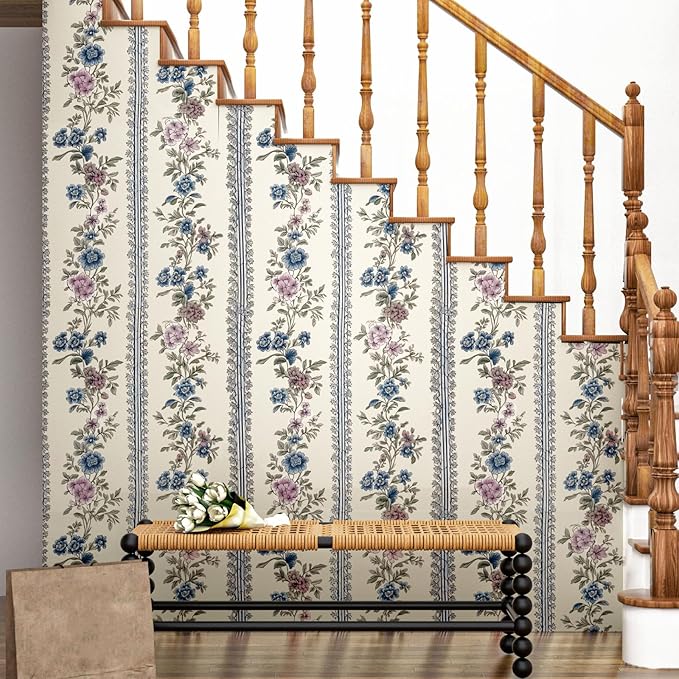 Vintage Floral Wallpaper Peel and Stick Boho Wallpapers 17.5in x 9.8ft Blue/Beige Floral Wall Mural Vinyl Removable Self Adhesive Nursery Modern Wallpaper for Bookshelf Cabinets Bathroom Walls