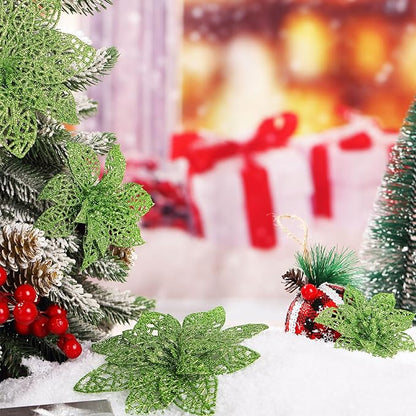 Boao Green 24 Pieces Poinsettia Flower Christmas Glitter Artificial Poinsettia with Clips Christmas Tree Ornament Decorations for DIY Xmas Wreath Holiday Home Party Decor, 3/4/6 Inches