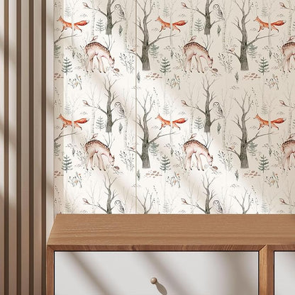 Forest Animals Peel & Stick Wallpaper - Self Adhesive Plants & Vintage Pattern - Removable Wallpaper for Bathroom - 17.71in X 118.1in