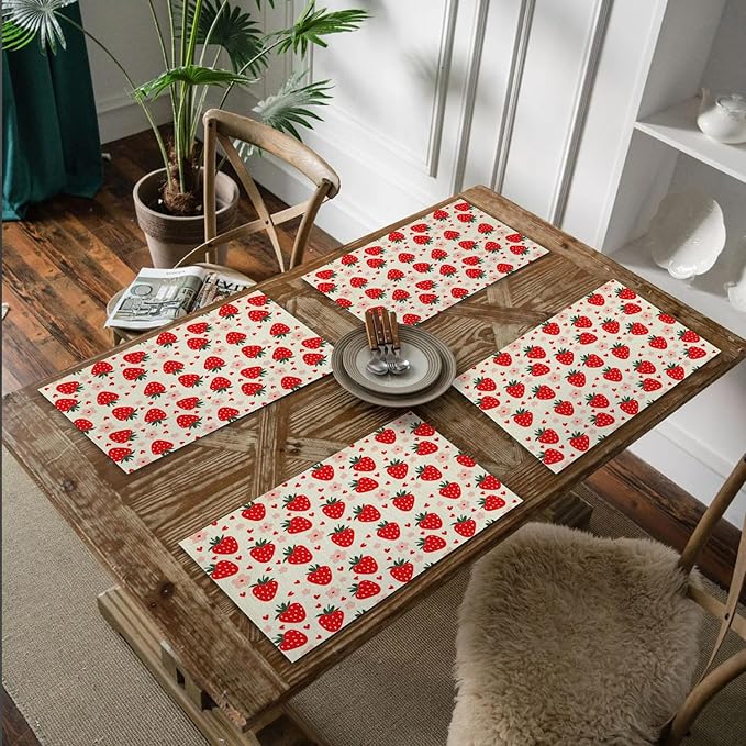 Red Cute Kids Fruit Strawberry Placemats Set of 4, Table Mats Place Mats for Kitchen Dining Table Decoration 16.9x11.4 Inch