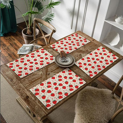 Red Cute Kids Fruit Strawberry Placemats Set of 4, Table Mats Place Mats for Kitchen Dining Table Decoration 16.9x11.4 Inch